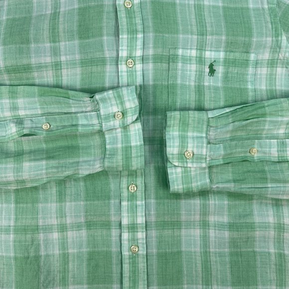 Ralph Lauren Linen Shirt Mens L Long Sleeve Button-Down Classic Fit Green Plaid - Picture 4 of 12